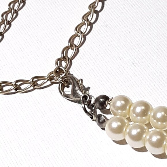 Pearl Rhinestones Necklace Choker Pendant Faux White Prong Set Wedding Prom - Picture 6 of 6
